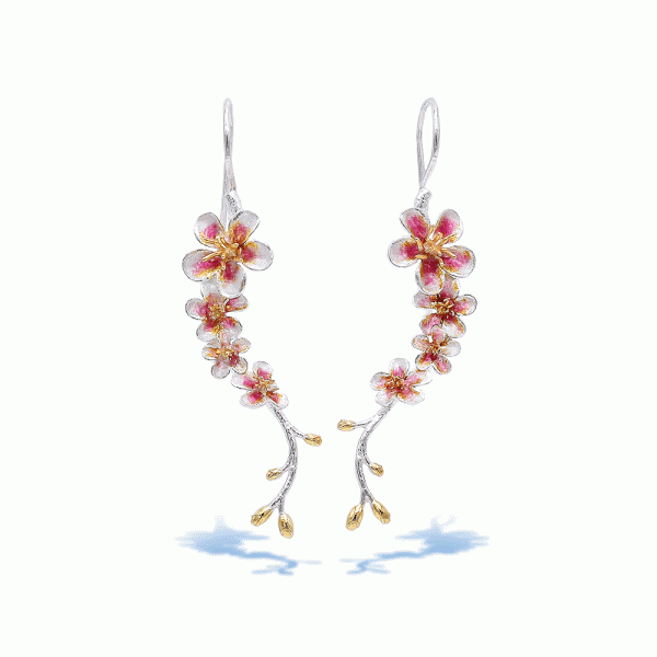 Sterling Silver Enamel Cherry Blossom Dangle Earrings with Gold Plated Stamens