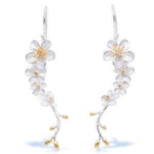 Sterling Silver Cherry Blossom Dangle Earrings with White Enamel and Gold Plated Stamens