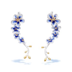 Sterling Silver Cherry Blossom Twig Earrings with Gold Plated Stamens and Indigo Enamel Petals