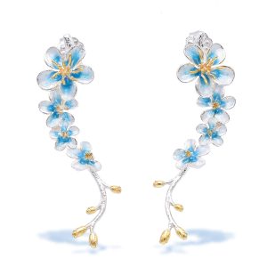 Sterling Silver Bridal Light Blue Flower Earrings with Gold Plated Stamens and Enamel