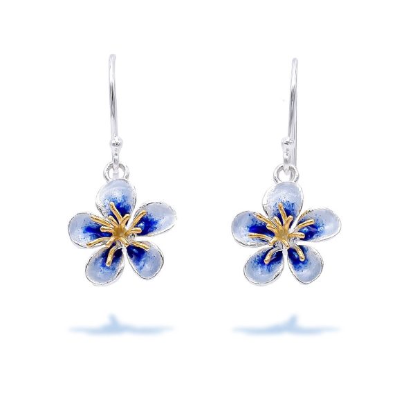 Sterling Silver Indigo Floral Charm Earrings with Gold Plated Stamens and Enamel Petals