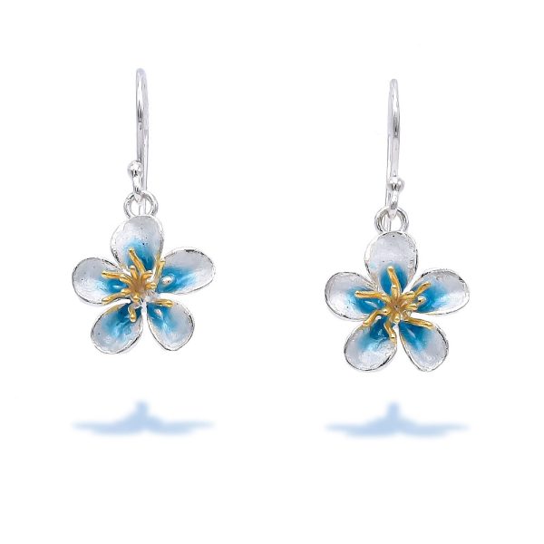 Sterling Silver Cute Cherry Blossom Dangle Earrings with Gold Plated Stamens and Light Blue Enamel PetalsEnamel