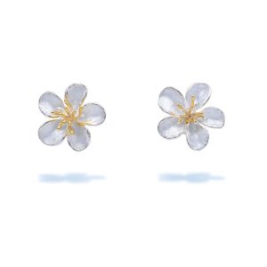 Sterling Silver Stud Bridal Almond Blossom Earrings With Gold Plated Stamens and White Enamel Enamel