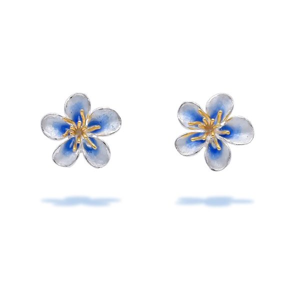 Sterling Silver Cute Cherry Blossom Stud Earrings with Gold Plated Stamens and Blue Enamel