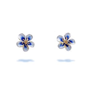Small Sterling Silver Cherry Blossom Stud Earrings with Gold Plated Stamens and Blue Enamel