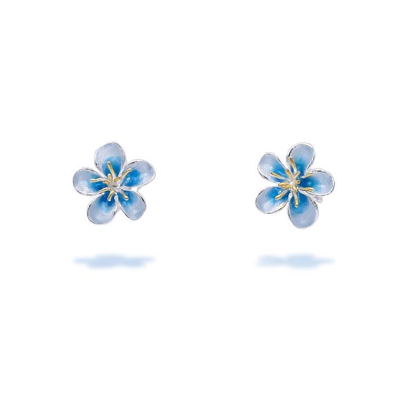 Sterling Silver Small Flower Stud Earrings with Gold Plated Stamens and Light Blue Enamel Enamel