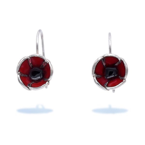 Sterling Silver Tiny Red Poppy Dangling Earrings with Enamel