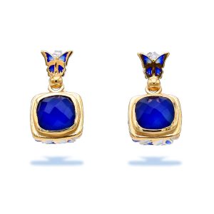 Sterling Silver Square Stud Lapis Lazuli Harmony Earrings With Butterflies Gold Plated With doublet Lapis Lazuli Gemstone With Quartz