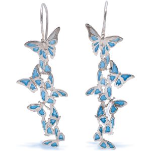 Sterling Silver Light Blue Enamel Dangle Butterfly Earrings
