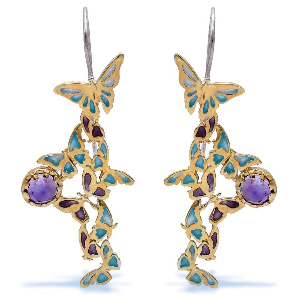 Sterling Silver Amethyst Dangle Earrings With Enamel And Butterflies