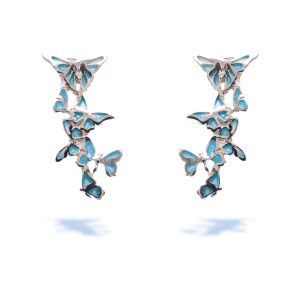 Dangle Silver Butterfly Earrings With Light Blue Enamel