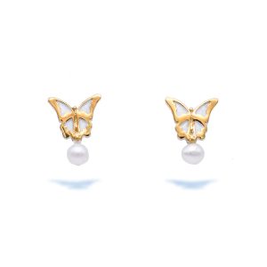 Sterling Silver Stud Silver Enamel Butterfly Earrings with Pearl And Gold Plated Boarders