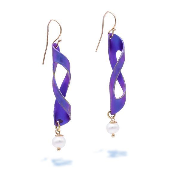Anodized Titanium Dangle Twisted Ribbon Earrings With Pearl