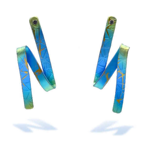 Twisted Iridescent Blue Anodized Titanium Earrings With Sterling Silver Stud
