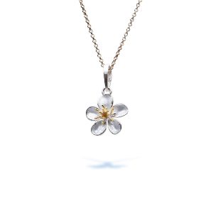 Sterling Silver Small White Sakura Flower Enamel Pendant Cherry with Gold Plated Stamens