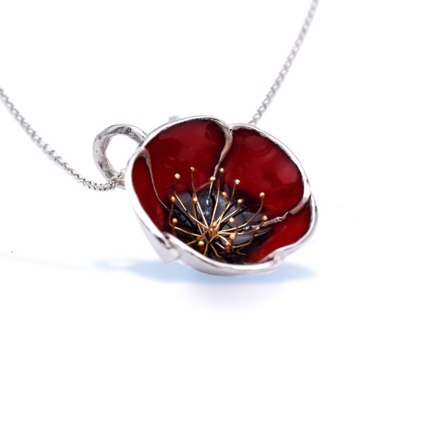 Sterling Silver Large Red Poppy Flower Necklacewith Gold Plated Stamens and Enamel