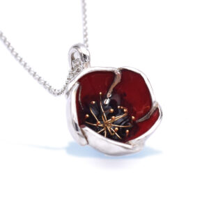 Sterling Silver Red Poppy Necklace Made Out Of Silver and Enamel with Gold Plated Stamens