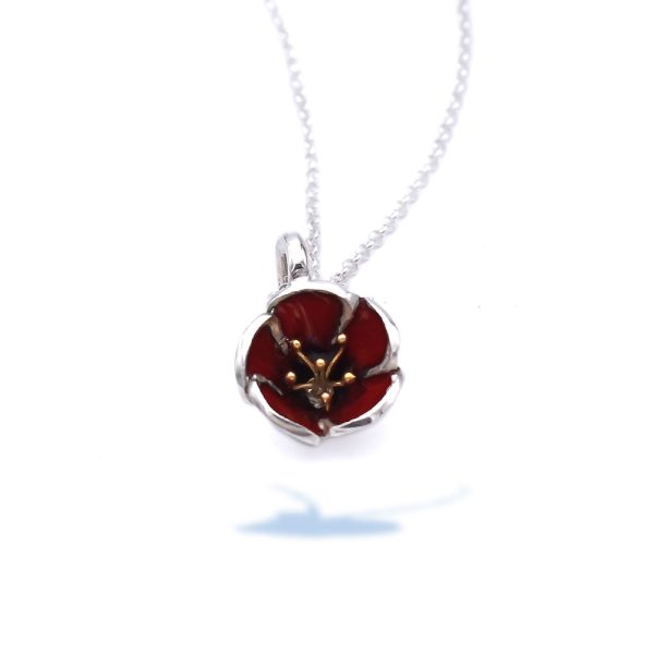 Sterling Silver Small Red Poppy Flower Pendant with Gold Plated Stamens and Enamel