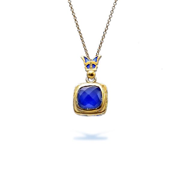 Sterling Silver Gemstone Harmony Butterfly Necklace With Lapis Lazuli Gold Plated with Enamel Gold Plated with Enamel