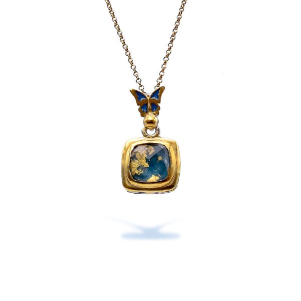 Sterling Silver Pendant Butterfly Gold Plated with Enamel and Doublet Apatite Gemstone with Gold Leaf