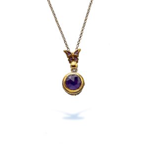 Sterling Silver Amethyst Healing Crystal Butterfly Pendant Gold Plated with Enamel and Doublet Amethyst with Quartz