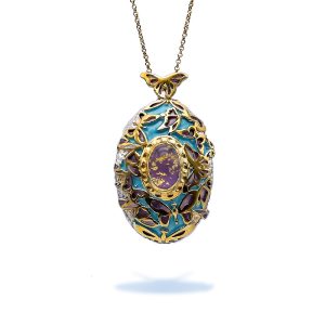 Silver Enamel Statement Pendant With Amethyst Gold Plated with Butterflies Gold Leaves and Quartz