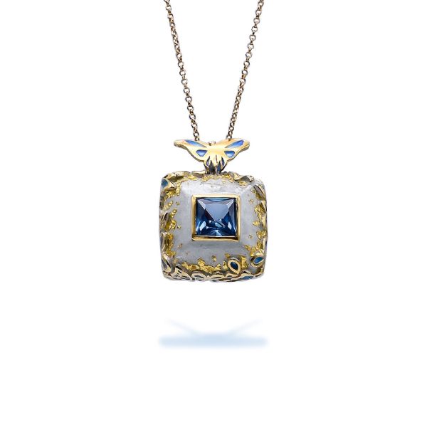 Sterling Silver Square Pendant Butterfly Gold Plated with Enamel, 24K Gold Leaf and Gemstone