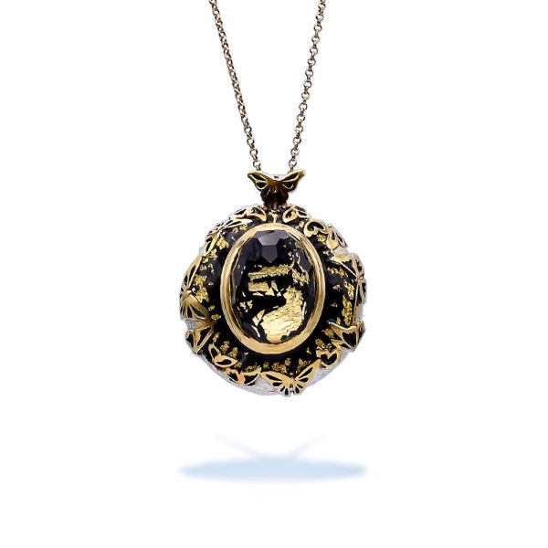 Sterling SilverEquilibrium Crystal Necklace With Black Agate Gold Plated with Enamel Butterflies 24K Gold Leaves Doublet Black Agate with Quartz