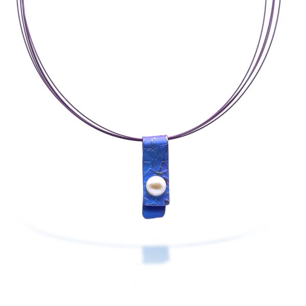 Blue textured titanium short line folded pendant 10mm wide with a 8mm pearl
