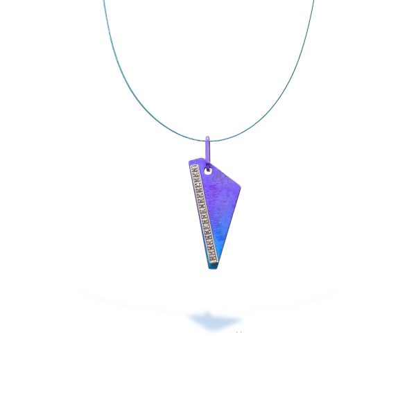 Purple blue titanium pendant in triangle shape with sterling silver bar with18 zircons