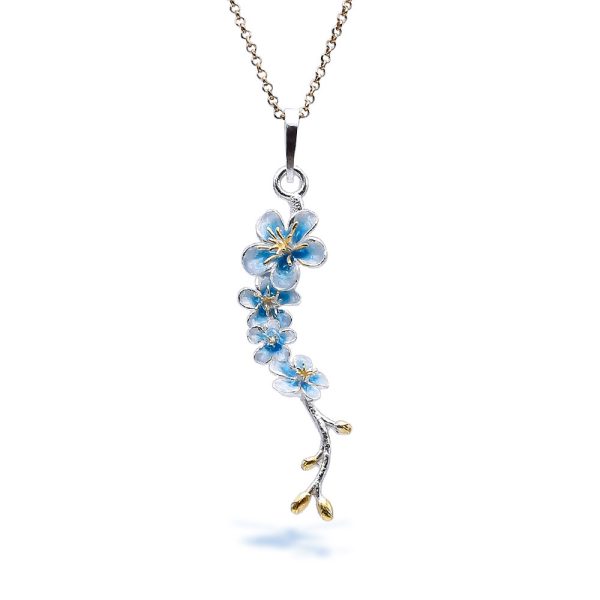 Sterling Silver Small Light Blue Plum Blossom Necklace With Enamel Petals and Gold Plated Gold Plated Stamens