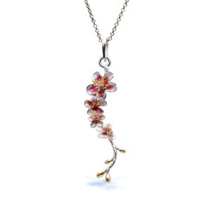 Silver Plum Blossom Pendant with Rose Enamel with Gold Plated Stamens