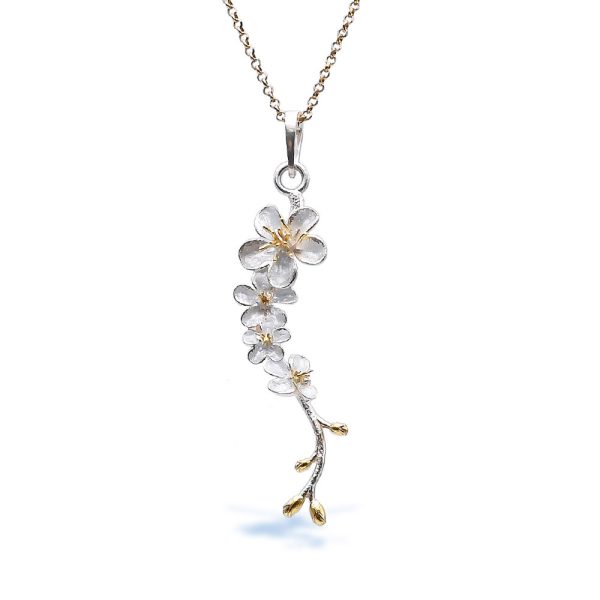 Sterling Silver-Enamel White Small Cherry Blossom Pendant With Gold Plated Stamens