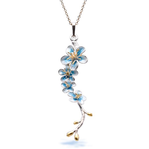 Sterling Silver Blue Flower Pendant With Petals Made of Enamel and Gold Plated Stamens