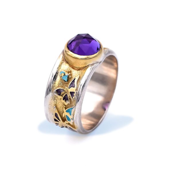 Sterling Silver Purple Amethyst Butterfly Fairy Ring with Gold Plated Details and Enamel