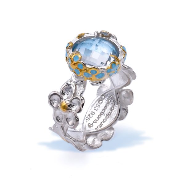 Sterling Silver Clear Quartz Flower Ring Gold Plated with Sky Blue Enamel