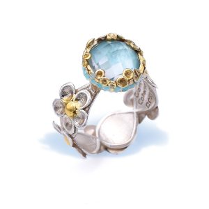 Sterling Silver Flower Wellness Ring with Quartz Stone with Enamel and Gold Plated Details