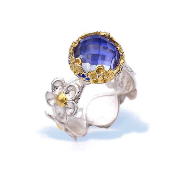 Sterling Silver Quartz Ring with Blooming Shank ,Gold Plated Details and Indigo Enamel