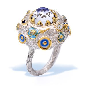Sterling Silver Statement Quartz Ring with Enamel and Gold Plated Details