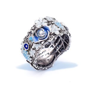 Oxidized Sterling Silver Flower Band Ring with Enamel in Shades of Blue