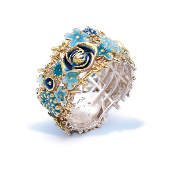 Sterling Silver Band Ring With Blue Flowers and Golden Plated Details and Enamel