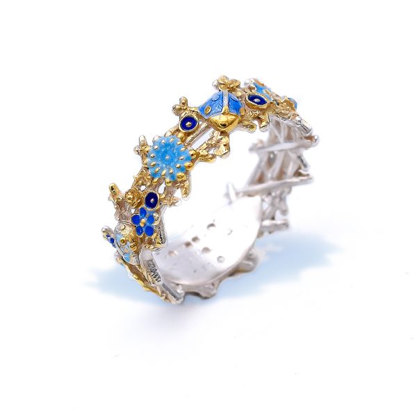 Sterling Silver Floral Band Ring With Blue Wildflowers, Golden Plated Details and Enamel