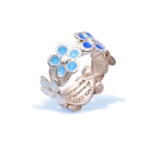 Silver Enamel Daisy Flower Band Ring in Shades of Blue