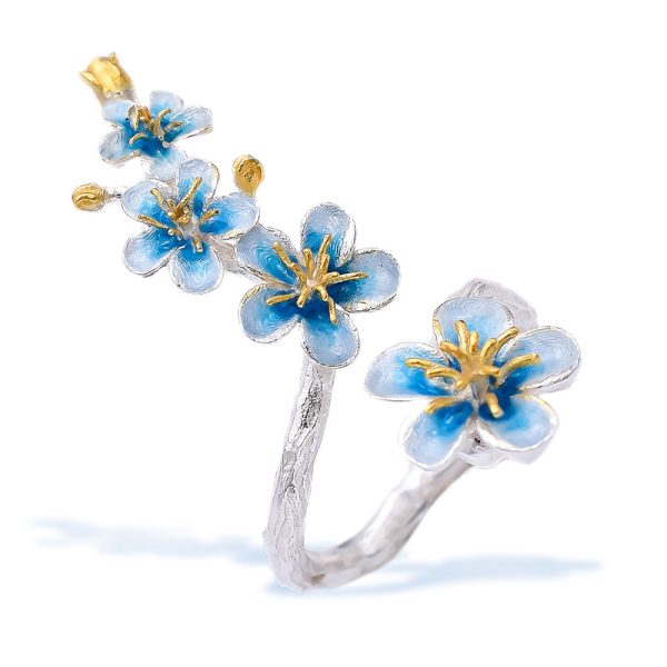 Sterling Silver Cherry Blossom Statement Ring with White-Blue Enamel and Gold Plated Stamens