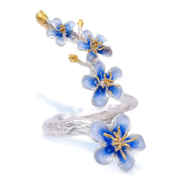 Sterling Silver Cherry Blossom Ring with Gold Plated Stamens and White-Blue Enamel Petals