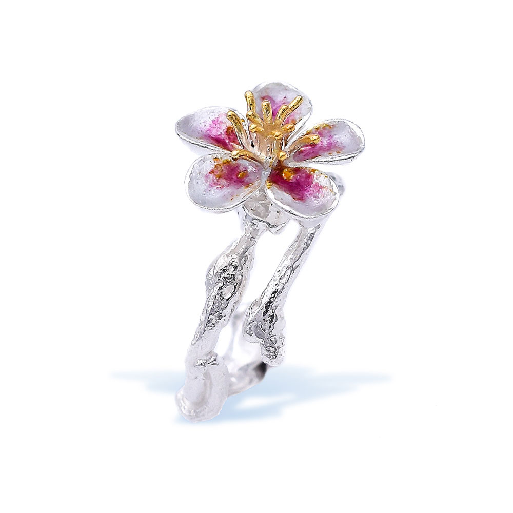 Pink Silver Enamel Flower Ring With