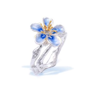 Sterling Silver, Adjustable White Blue Enamel Flower Ring With Gold Plated Stamens