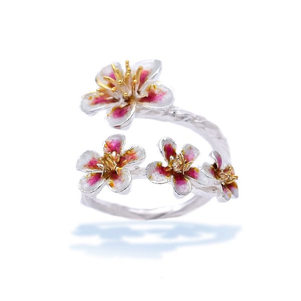 Silver-enamel cherry blossom Ring, Adjustable with Gold Plated Stamens