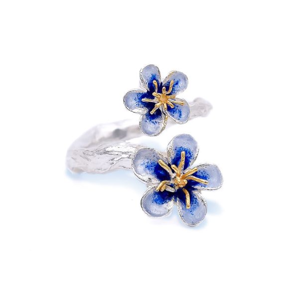 indigo double flower adjustable ring with enamel