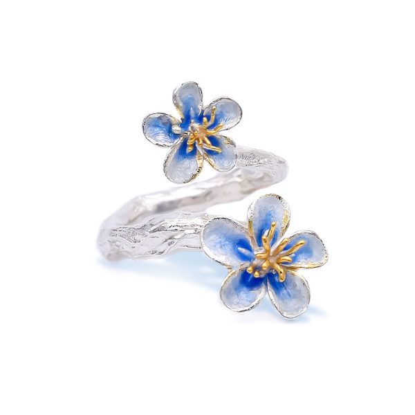 Sterling Silver Sakura Flower Adjustable Ring, with Gold Plated Stamens and White-Blue Enamel Petals